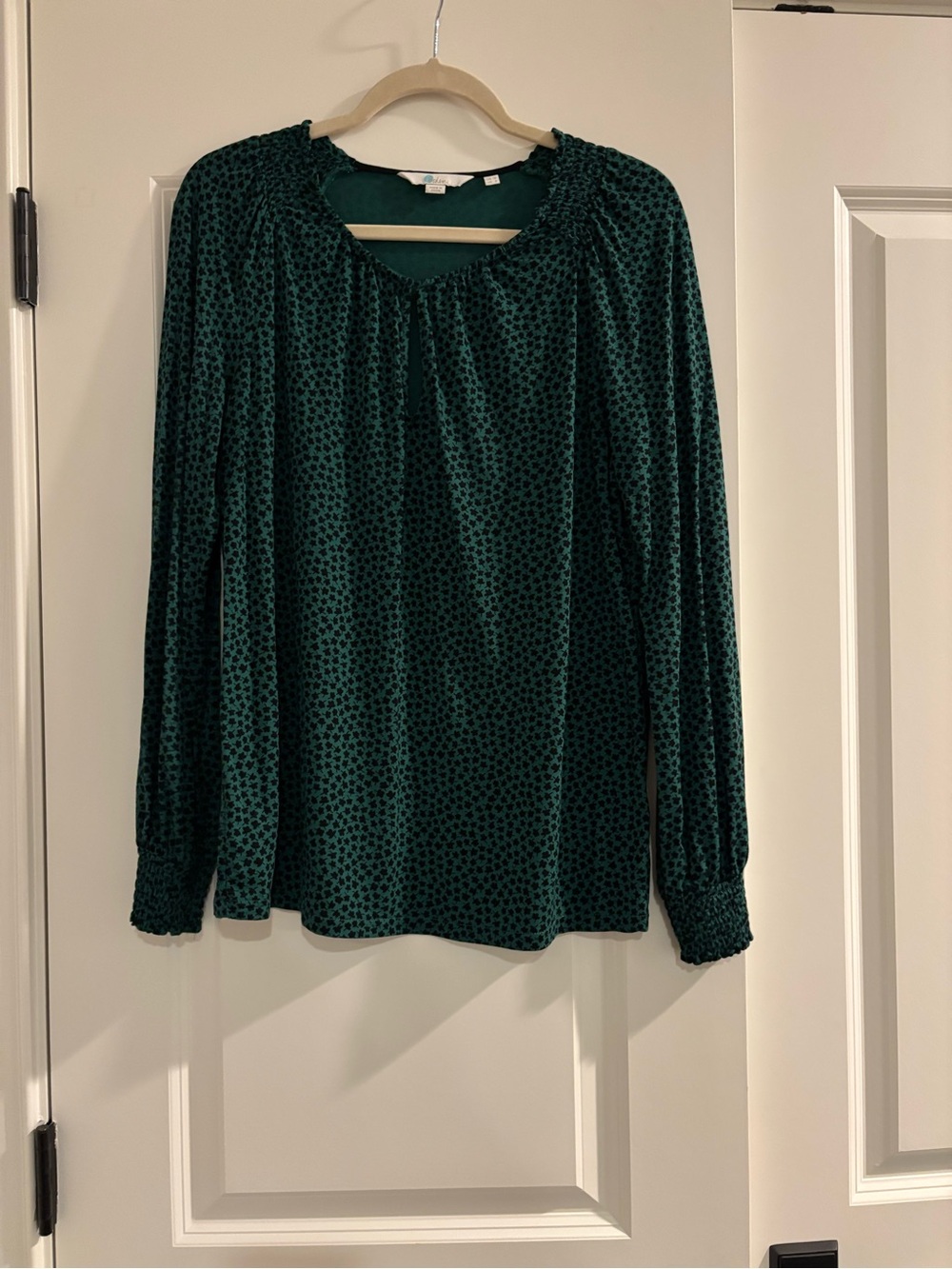 Boden Emerald Green Smocked-Neck Jersey Long Sleeve Blouse